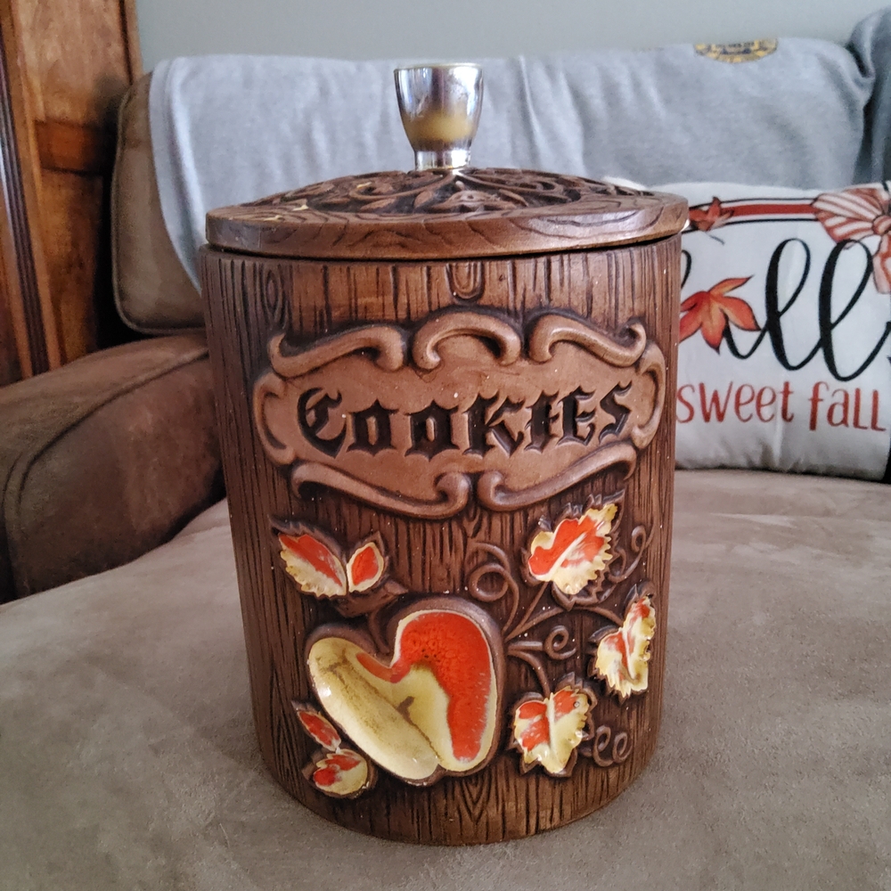 Vintage  Treasure Craft Brown Cookie Jar with Orange and Yellow Accents
